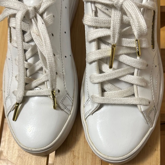 adidas Women's White Patent Sneakers with Gold Accents - Picture 6 of 12